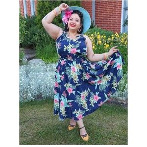 Floral Navy Midi Dress with Tropical Print